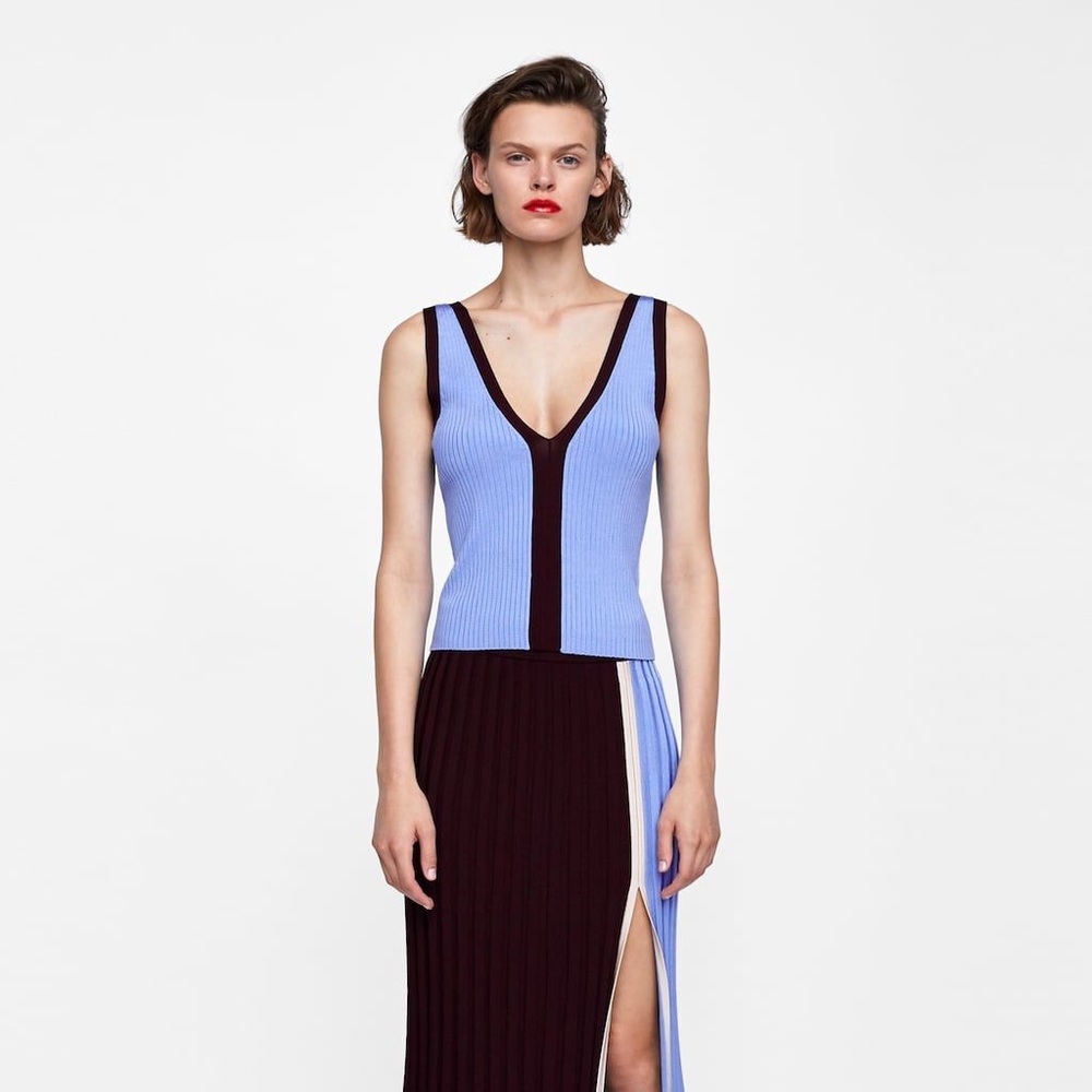 Zara Sky Blue Ribbed Knit Tank Top V Neck Top